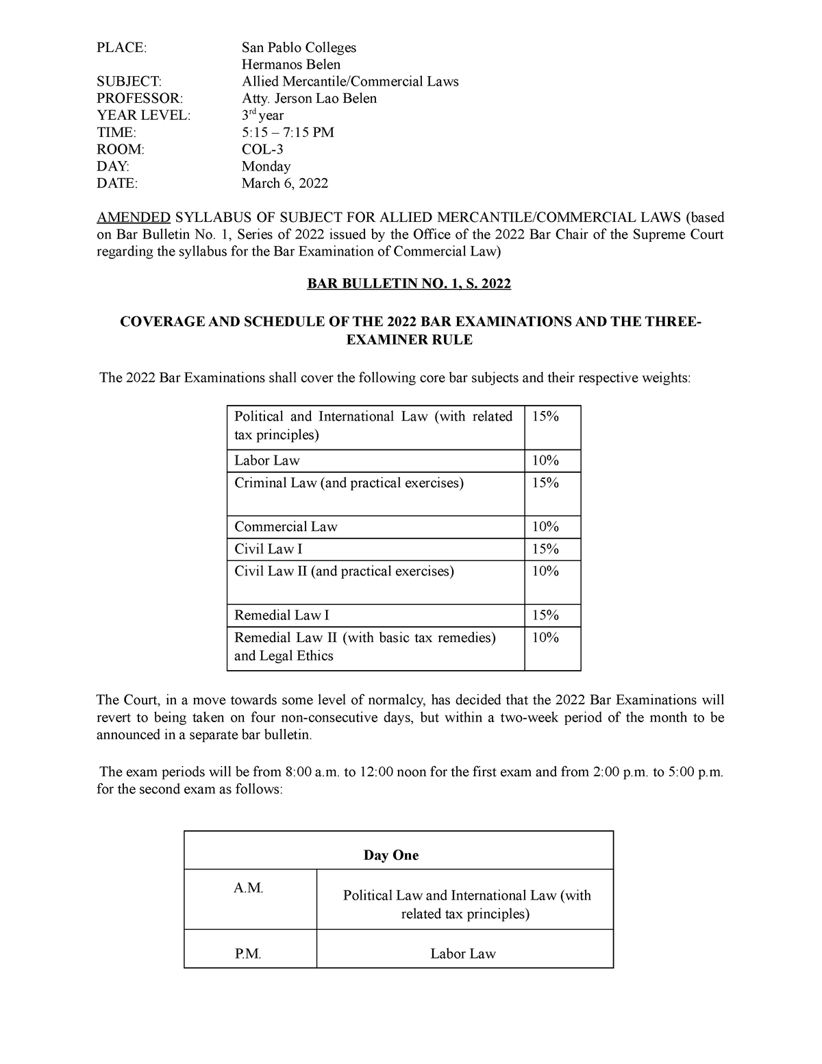 Allied mercantile law Revised subject syllabus based on the 2022 bar