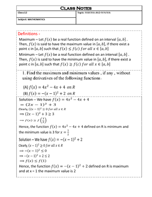 12-Maths - Class Notes Class:12 Topic: MAXIMA AND MINIMA Subject ...