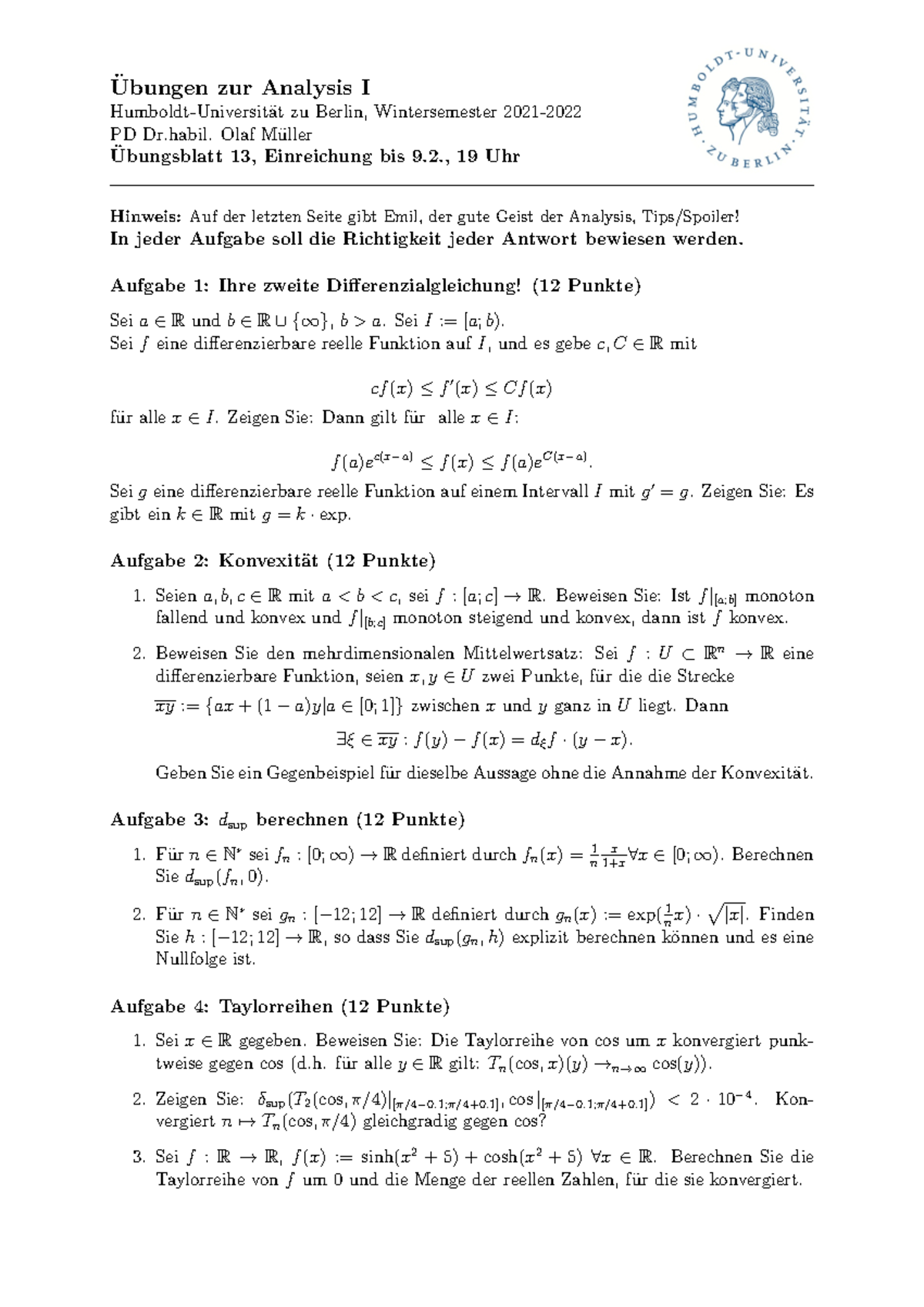 Analysis 1 Übungsblatt 13 - Ubungen Zur Analysis I ̈ Humboldt-Universit ...