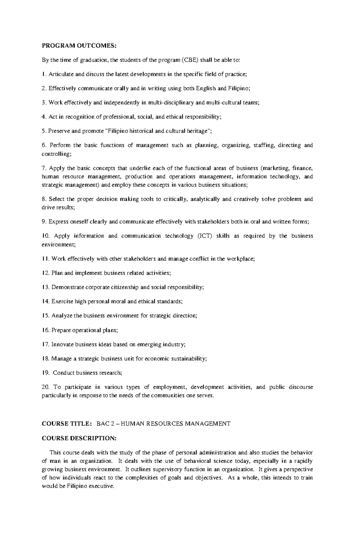 BAC - Module 1 - PROGRAM OUTCOMES: By the time of graduation, the ...