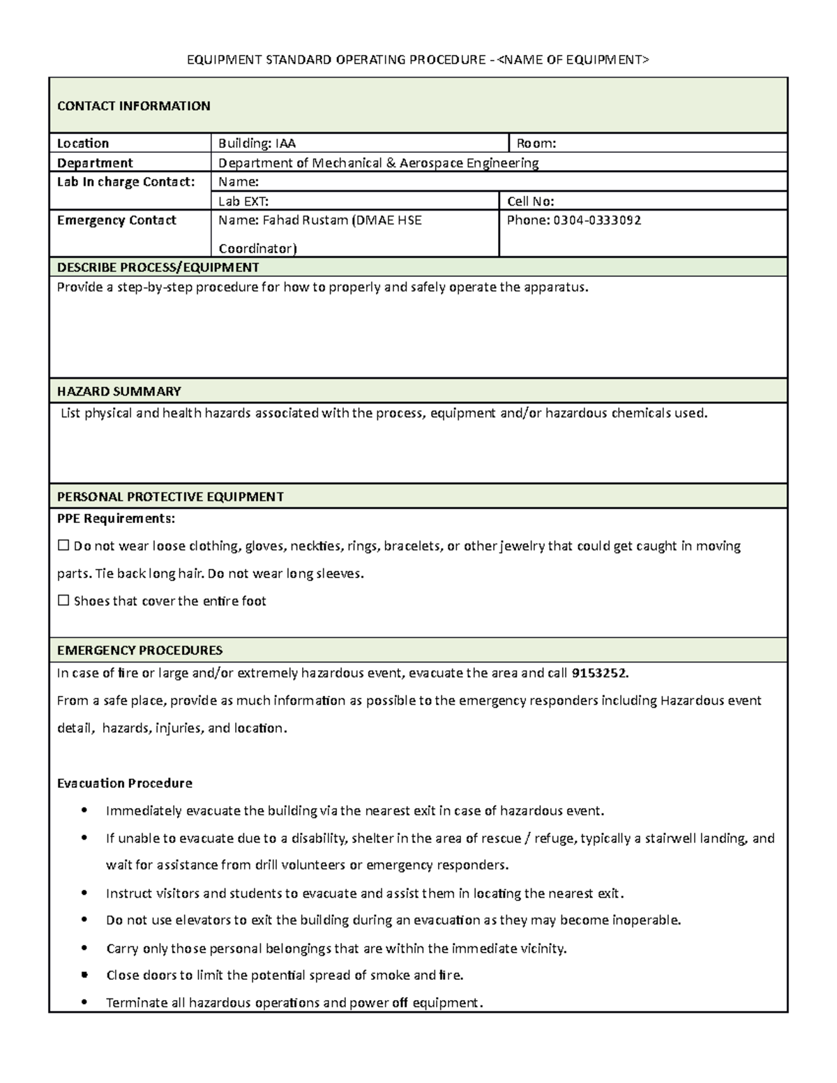 Equipment SOP - EQUIPMENT STANDARD OPERATING PROCEDURE - CONTACT - Studocu