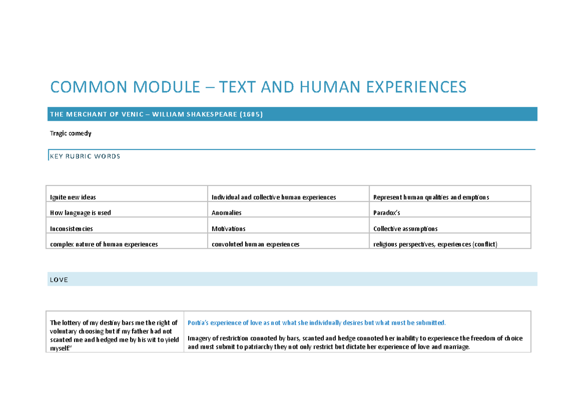 Common Module essay plan - COMMON MODULE – TEXT AND HUMAN EXPERIENCES ...
