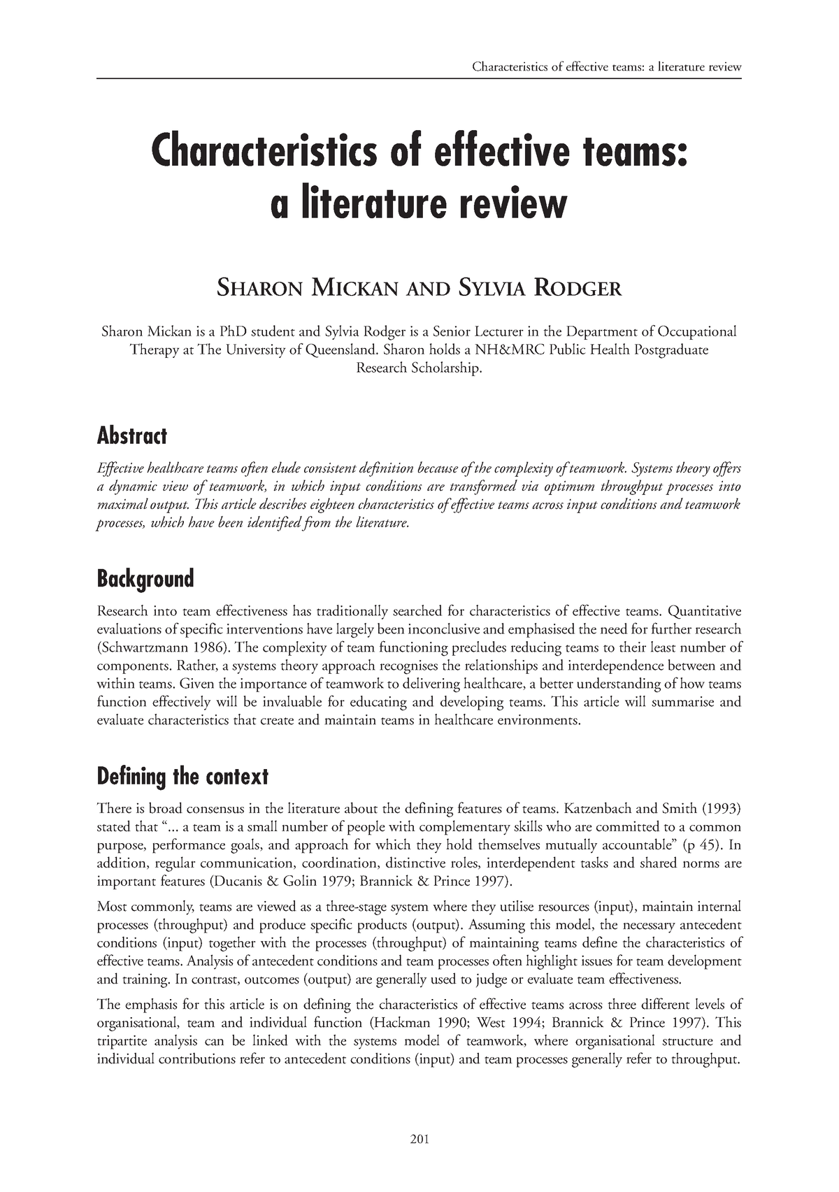 characteristics of effective teams a literature review