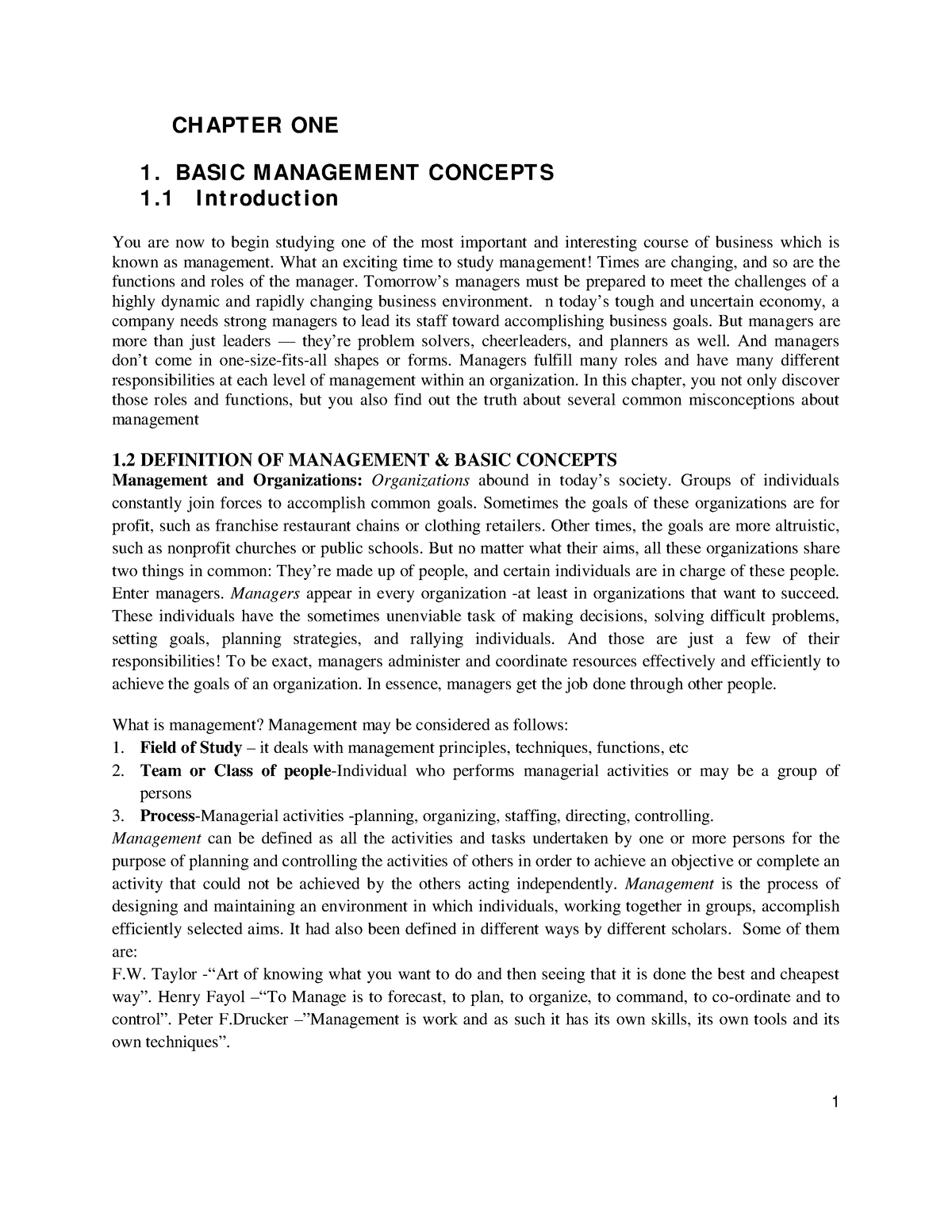 Introduction To Management - CHAPTER ONE 1. BASIC MANAGEMENT CONCEPTS 1 ...