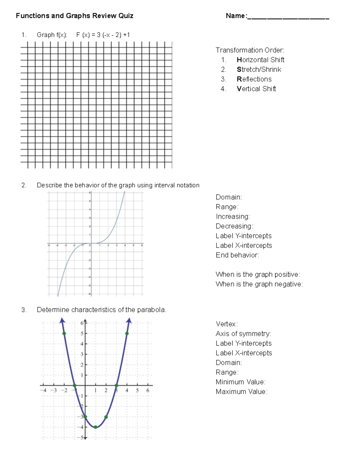 Functions and Graphs Quiz Functions and Graphs Review Quiz Name