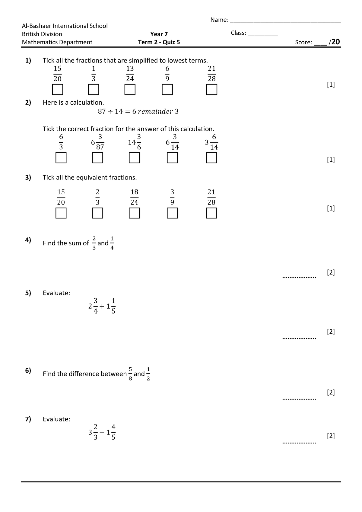 Term 2 - Quiz 5 (Fractions - Congruence - and Measurements) - Al ...