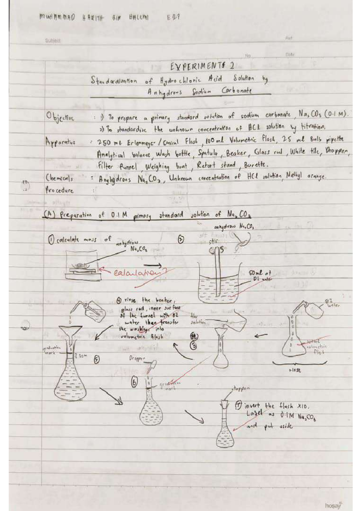 Jotter 2 - EXPERIMENT 2 (STANDARDISATION OF HCL) - MUHAMMAD H BRITH Sim ...