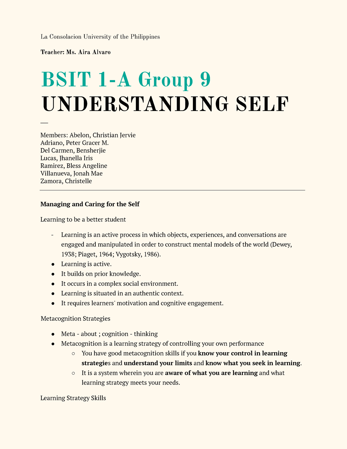 UNDERSTANDING SELF LESSON 10 La Consolacion University of the