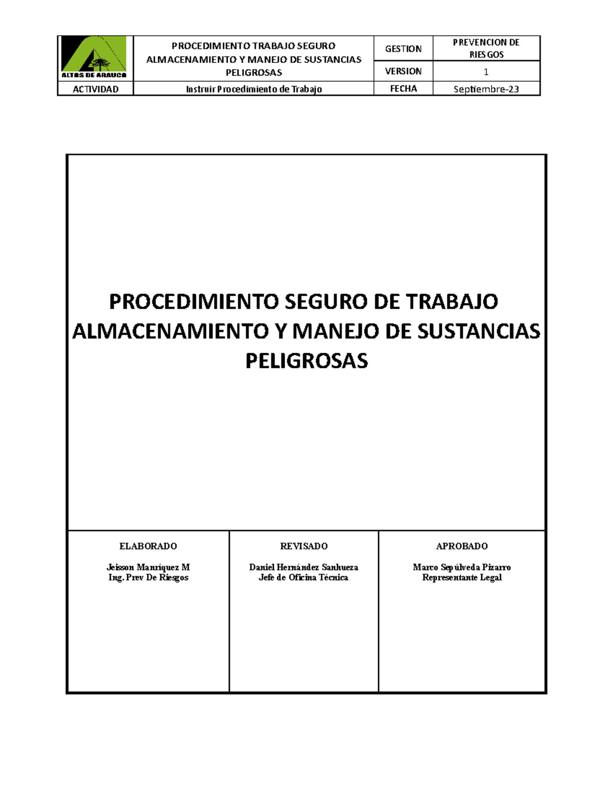 PTS Almacenamiento DE Sustancias Peligrosas Arauco - PROCEDIMIENTO ...