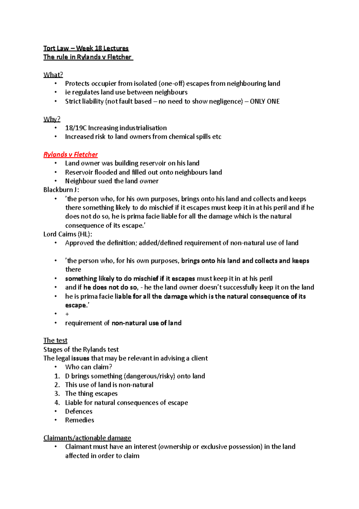 Rule in Rylands v Fletcher - Tort Law – Week 18 Lectures The rule in ...