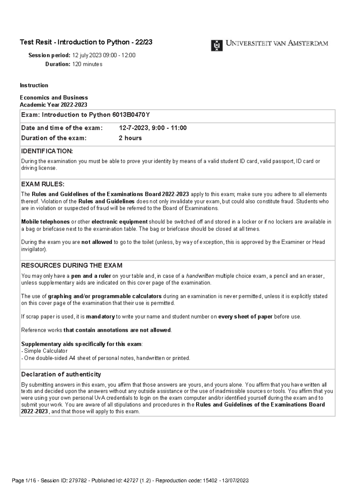 Print test 42727 15402 - Test Resit - Introduction to Python - 22 ...