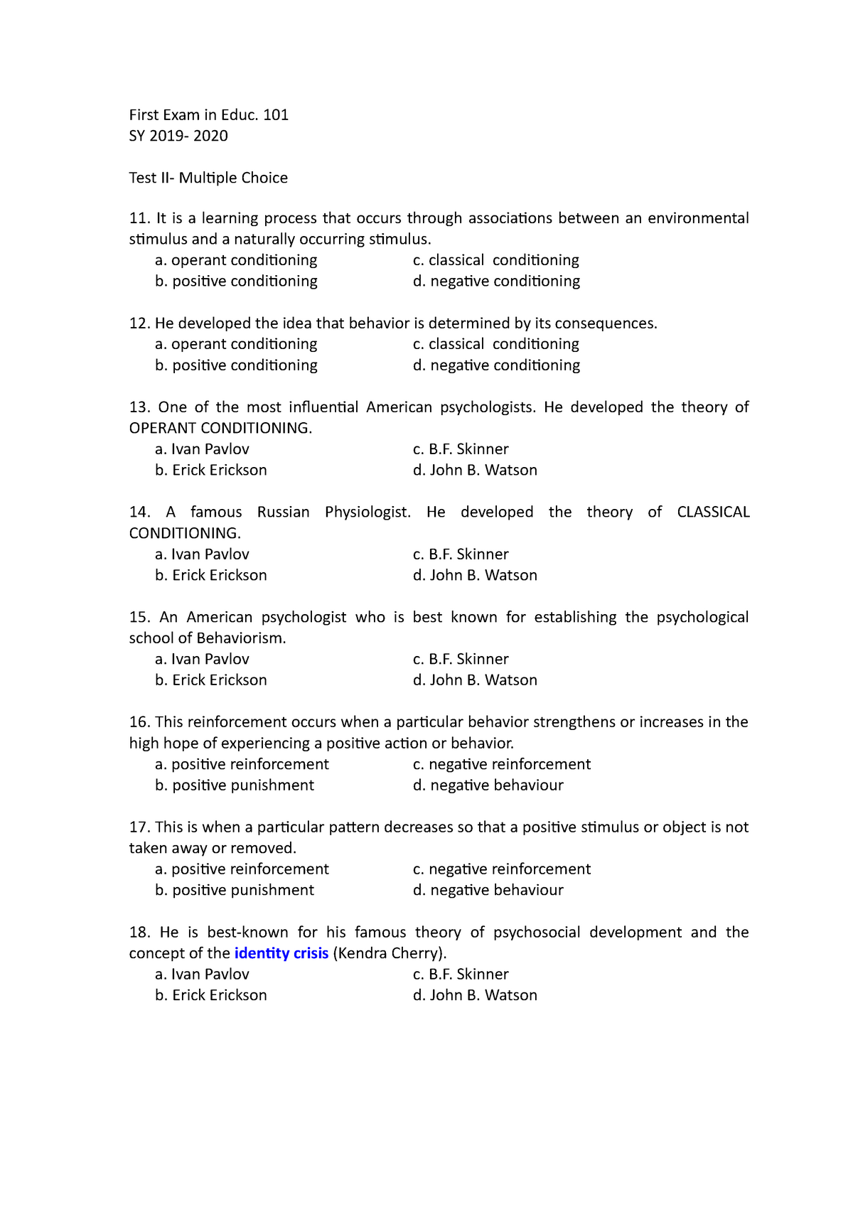 Exam 2 Janvier 2018, questions et réponses - First Exam in Educ. 101 SY Sns-Brigh10