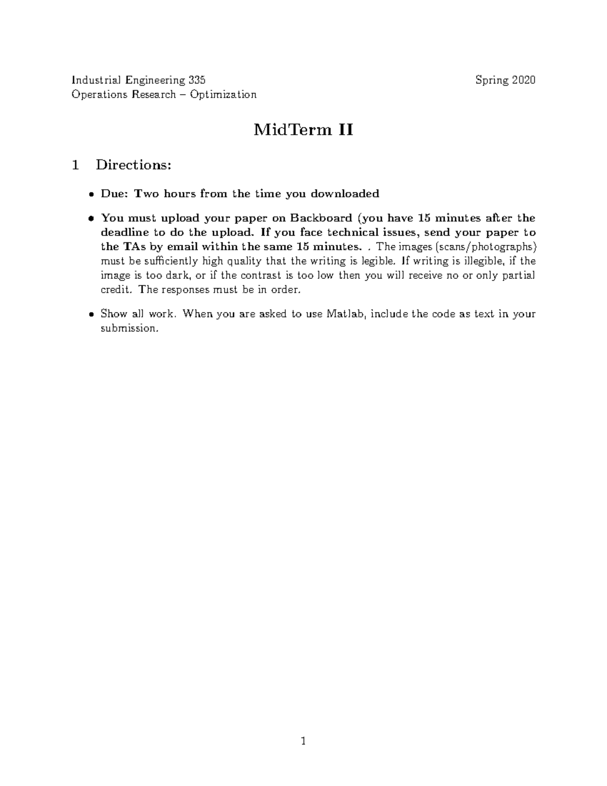 Midterm 2 industrial engineering 335 spring 2020 operations research