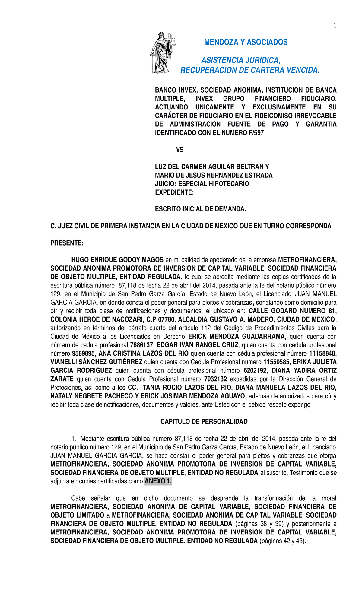 Demanda Inicial, juicio especial hipotecario en la ciudad de mexico ...