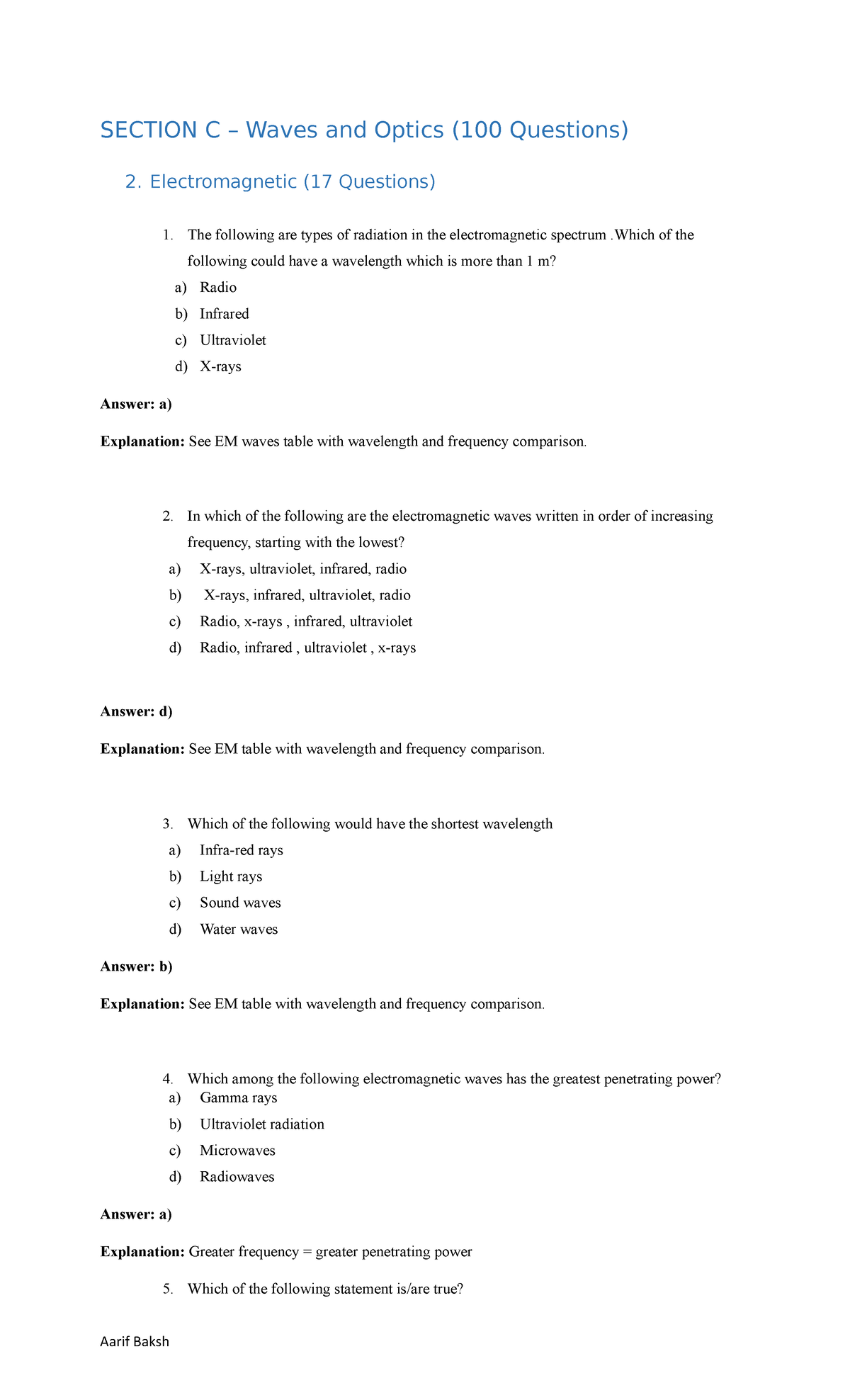 Physics C4 Practice questions and answers on Waves and Optics