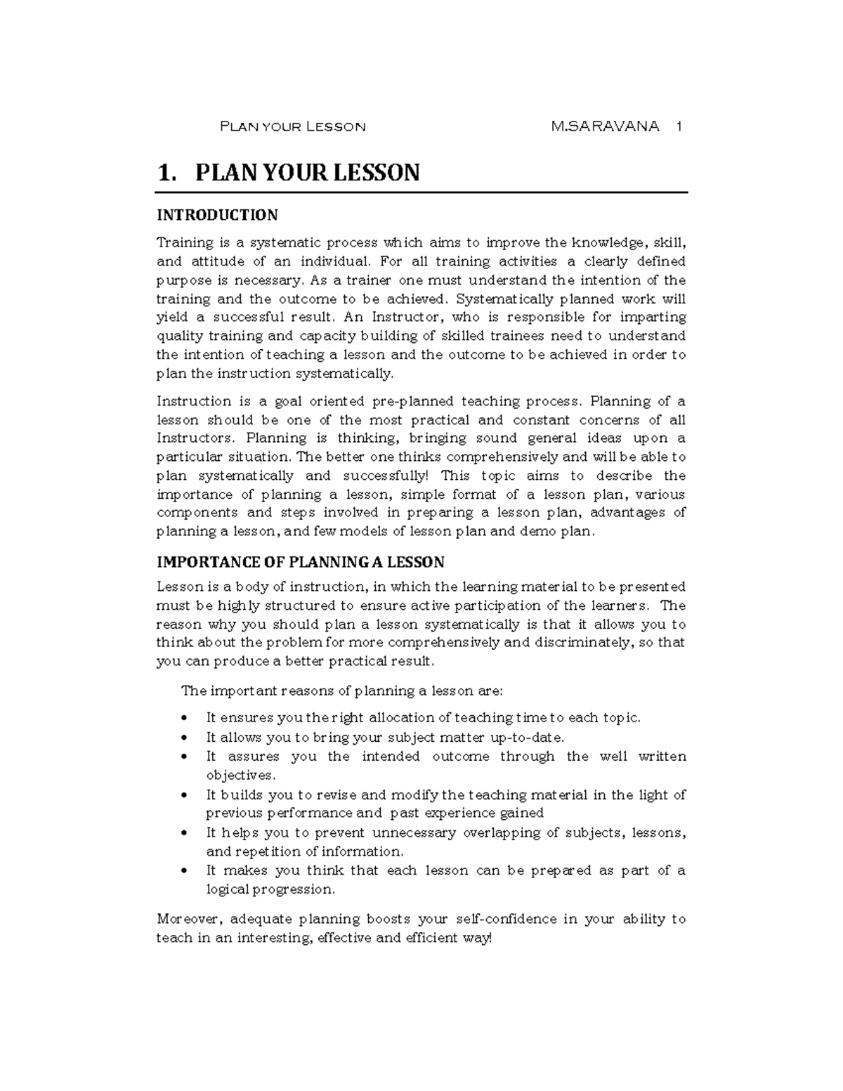 Lesson AND DEMO PLAN - 1. PLAN YOUR LESSON INTRODUCTION Training is a ...