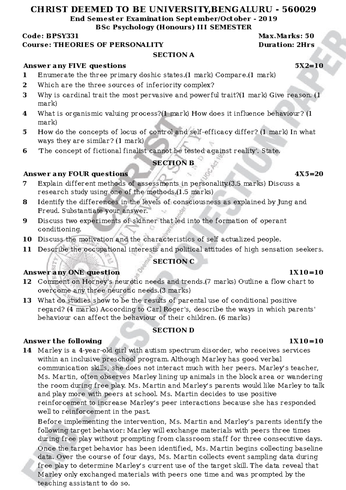 BPSY331 - question paper - CHRIST DEEMED TO BE UNIVERSITY,BENGALURU ...