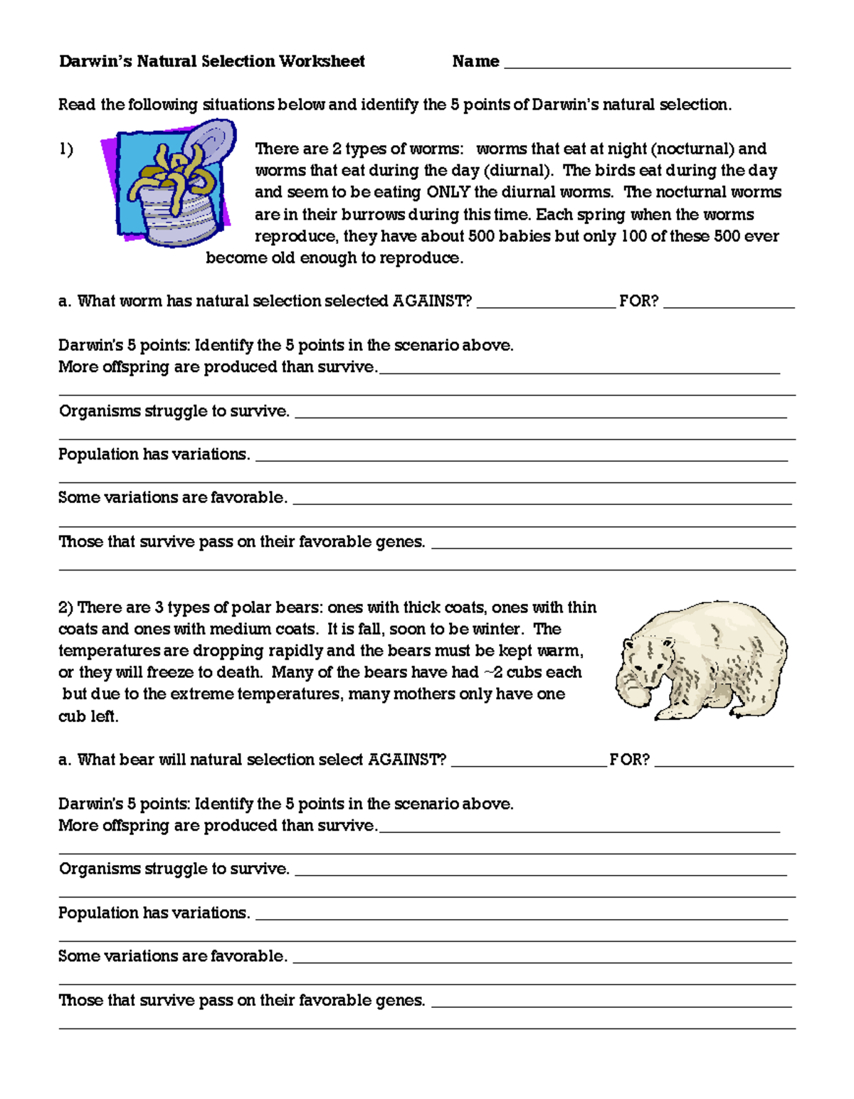 Natural Selection Wkst - Darwin’s Natural Selection Worksheet Name ...