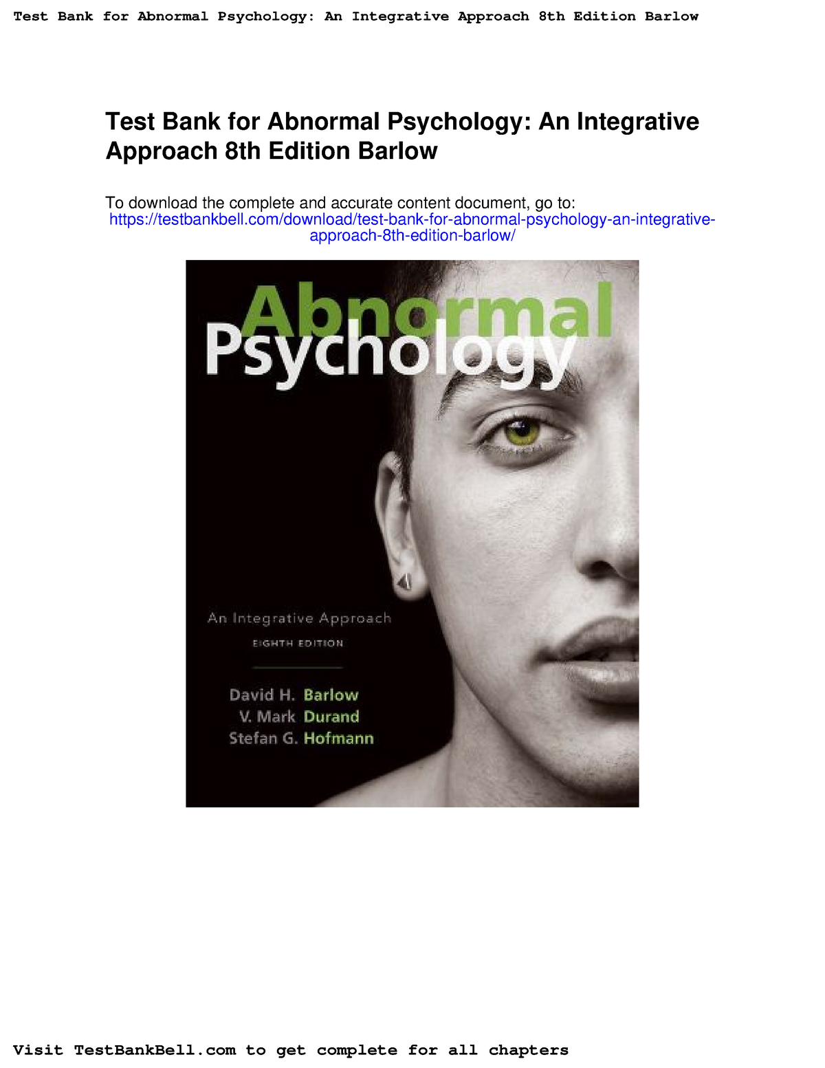 Test Bank For Abnormal Psychology An Integrative Approach 8th Edition ...