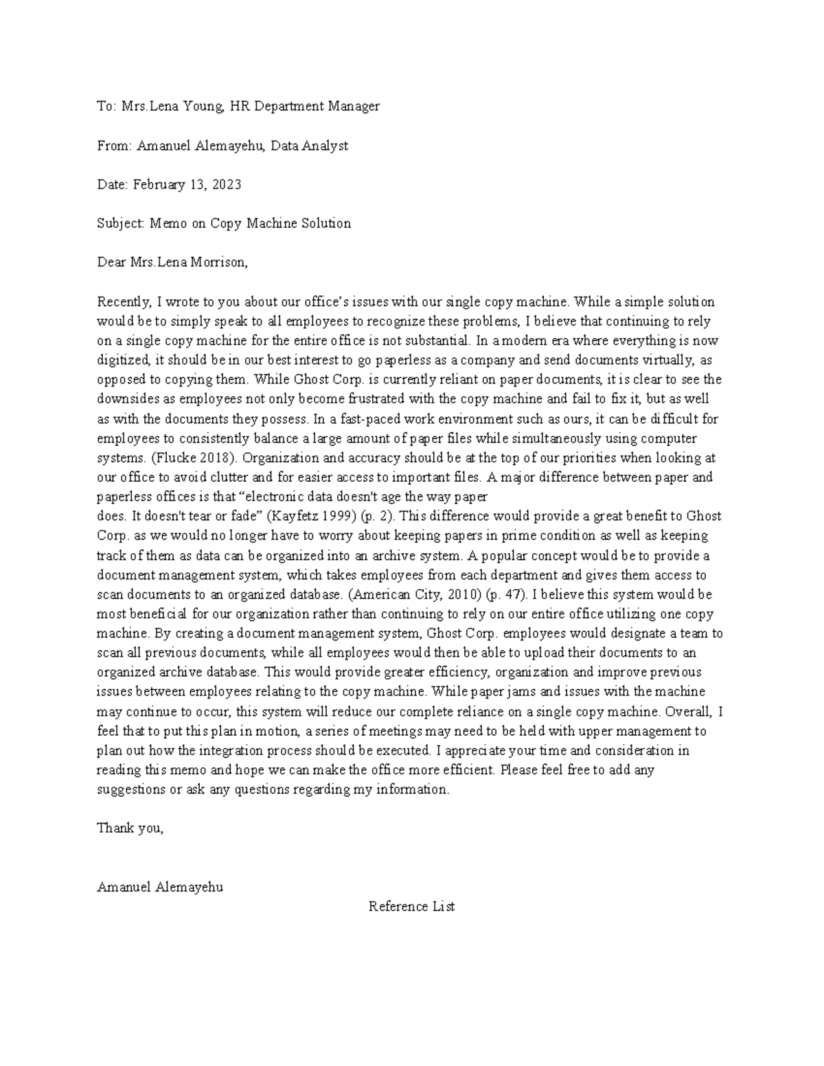Memo Rough Draft - Memo - To: Mrs Young, HR Department Manager From ...