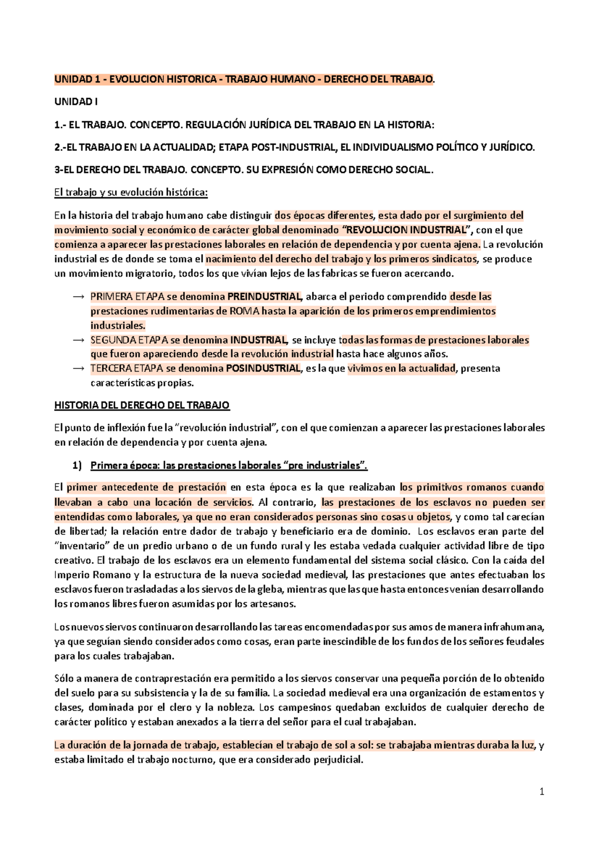 resumen del primer parcial de derecho laboral - UNIDAD 1 - EVOLUCION ...