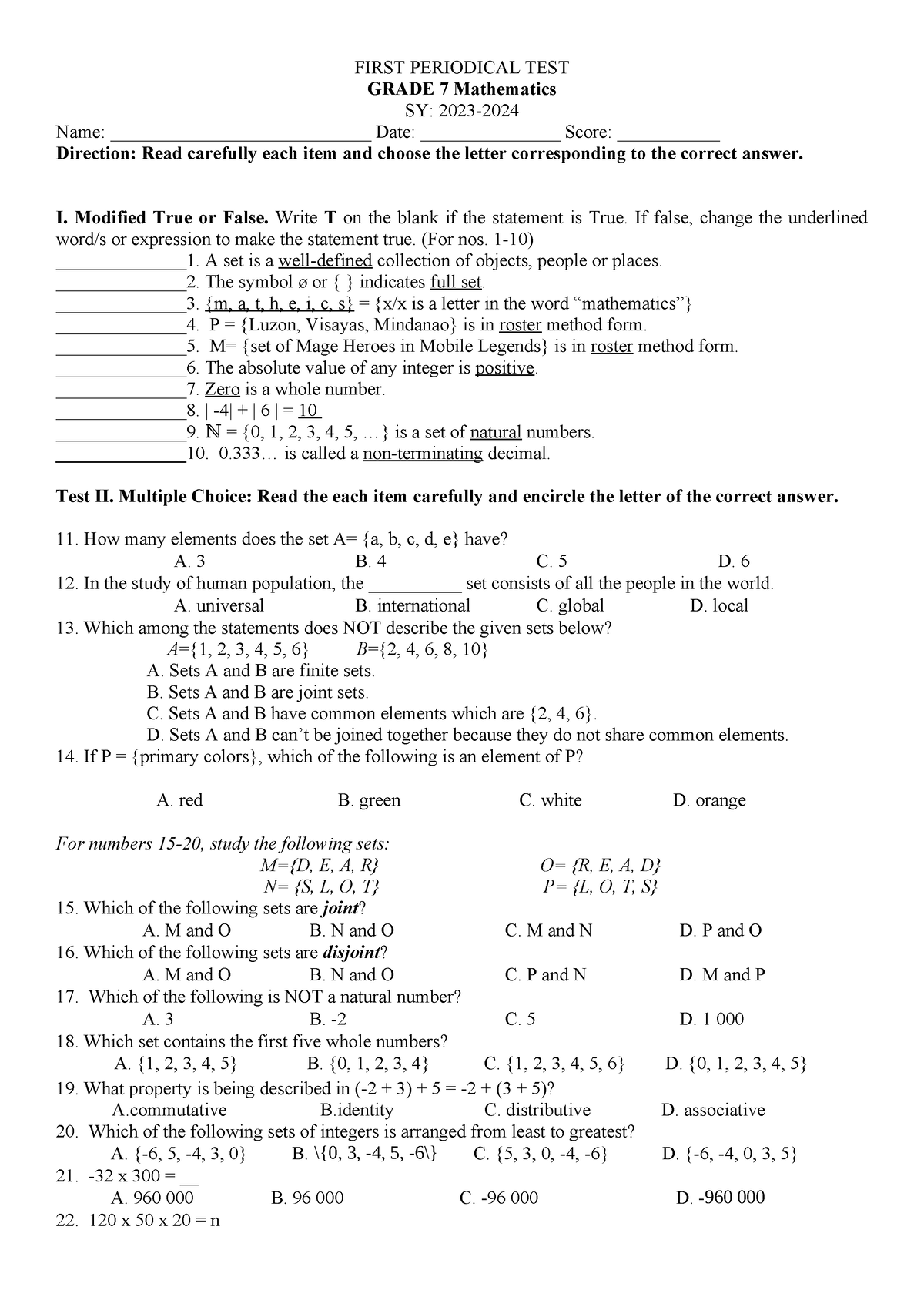 PT Mathematics 8 Q1 - exam - FIRST PERIODICAL TEST GRADE 7 Mathematics ...