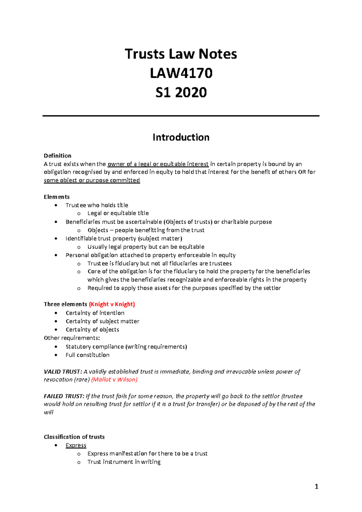 Trust law notes Trusts Law Notes LAW S1 2020 Introduction Definition