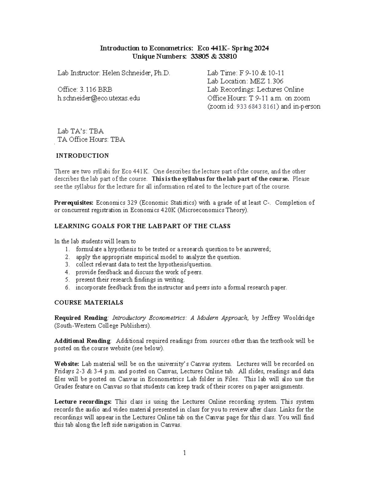 Syllabus-Lab - Introduction to Econometrics: Eco 441K- Spring 2024 ...