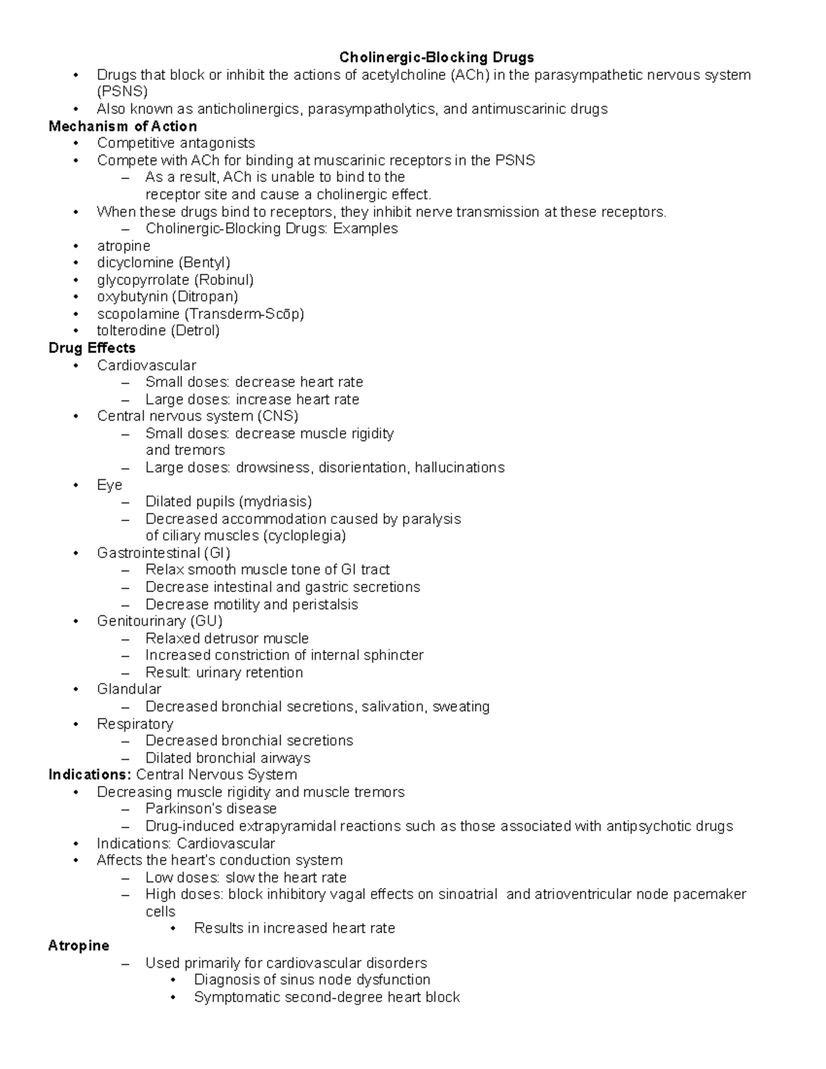 Chapter 21 outline - ch 21 - Cholinergic-Blocking Drugs Drugs that ...