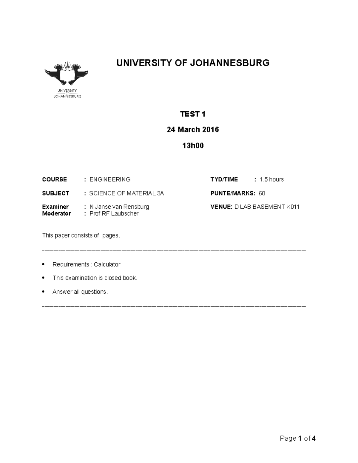 2016 TEST 1 - Semester Test 1 - UNIVERSITY OF JOHANNESBURG TEST 1 24 ...