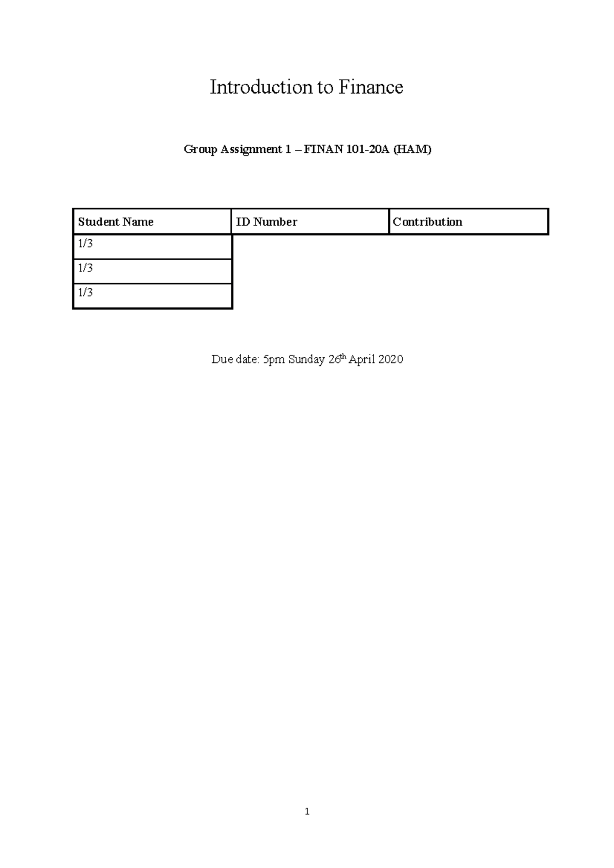 Group Assignment 1 (90%) - Introduction to Finance Group Assignment 1 ...
