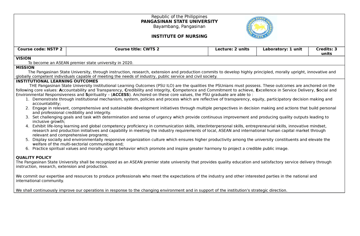 NSTP2 Syllabus - This Three- Unit Course Designed To Train The Youth To ...