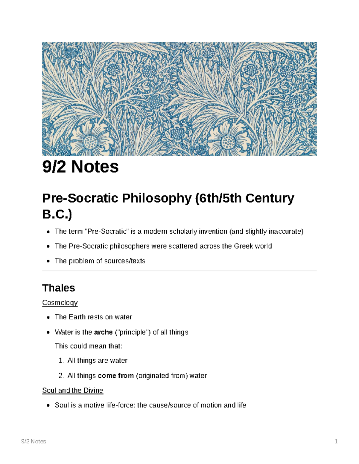 Pre-Socratic Philosophy - 9/2 Notes 1 9/2 Notes Pre-Socratic Philosophy ...