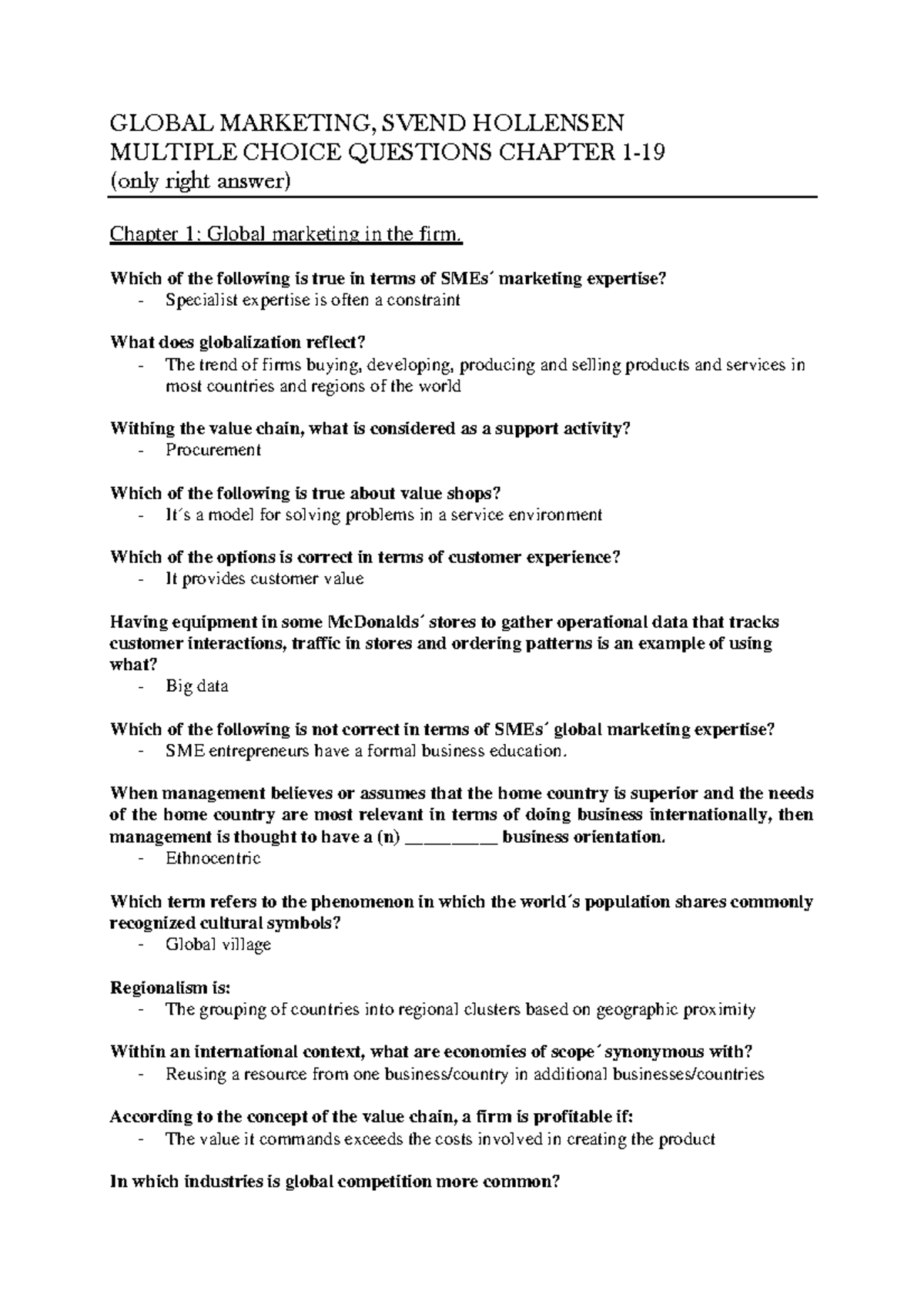 MULTIPLE CHOICE QUESTIONS CHAPTER 1-19 - GLOBAL MARKETING, SVEND ...