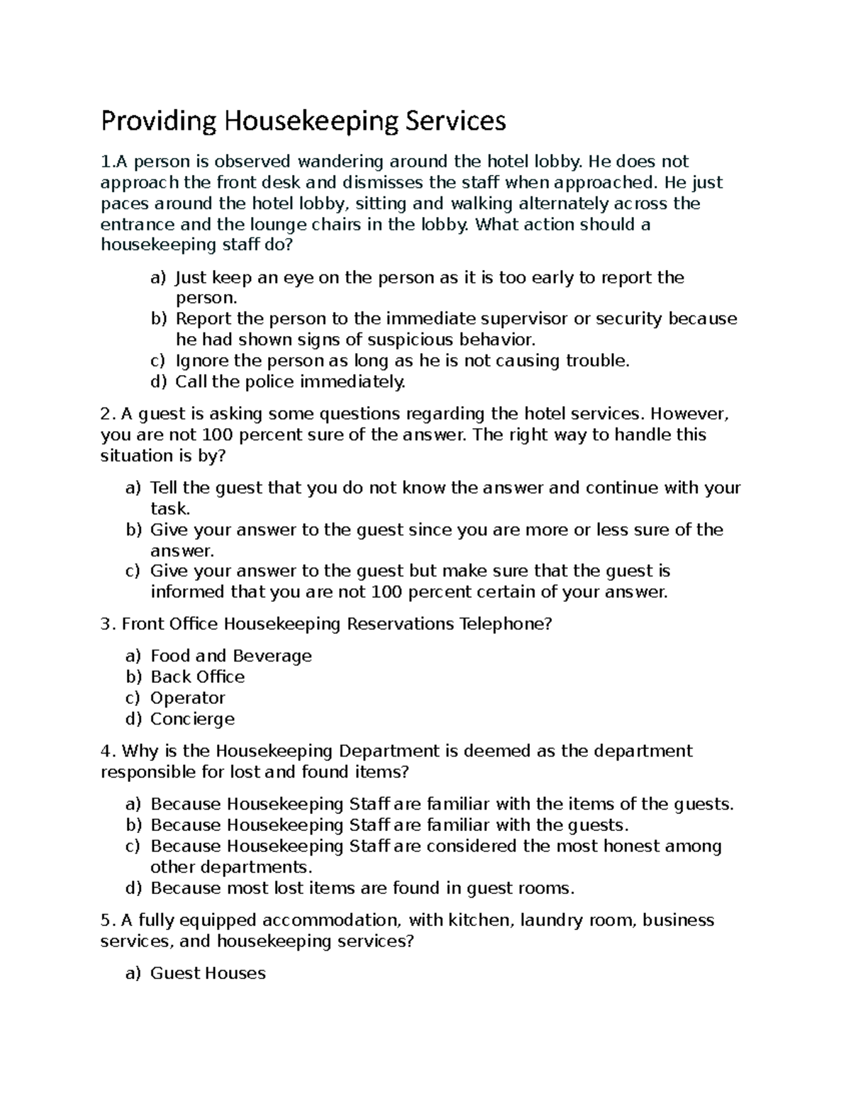 Housekeeping Services Final Exam Part 1 Providing Housekeeping