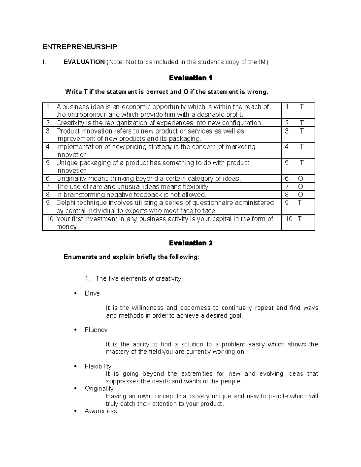Entrepreneurship Evaluation - ENTREPRENEURSHIP I. EVALUATION (Note: Not ...