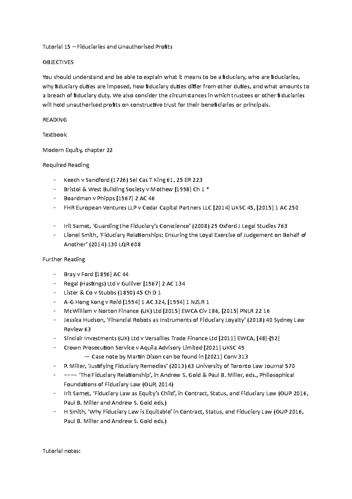 Tutorial 15 - Fiduciaries - Tutorial 15 – Fiduciaries and Unauthorised ...