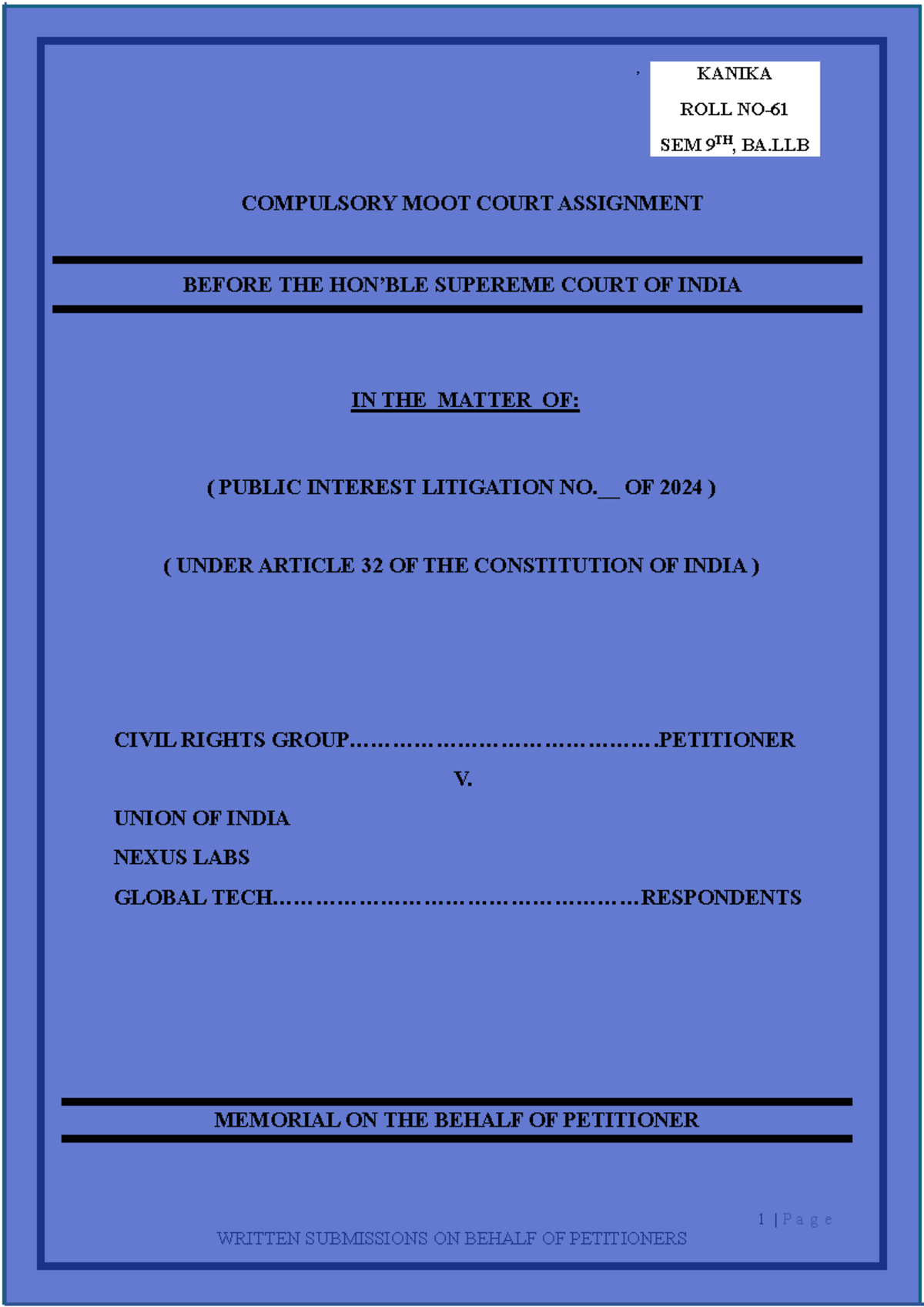 Civil MOOT MEMO - 1 | P a g e , COMPULSORY MOOT COURT ASSIGNMENT BEFORE ...