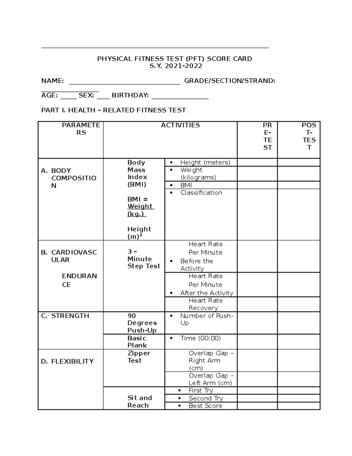 Physical Fitness Test Template Physical Education 1 Physical Fitness Test Pft Score Card S 4988