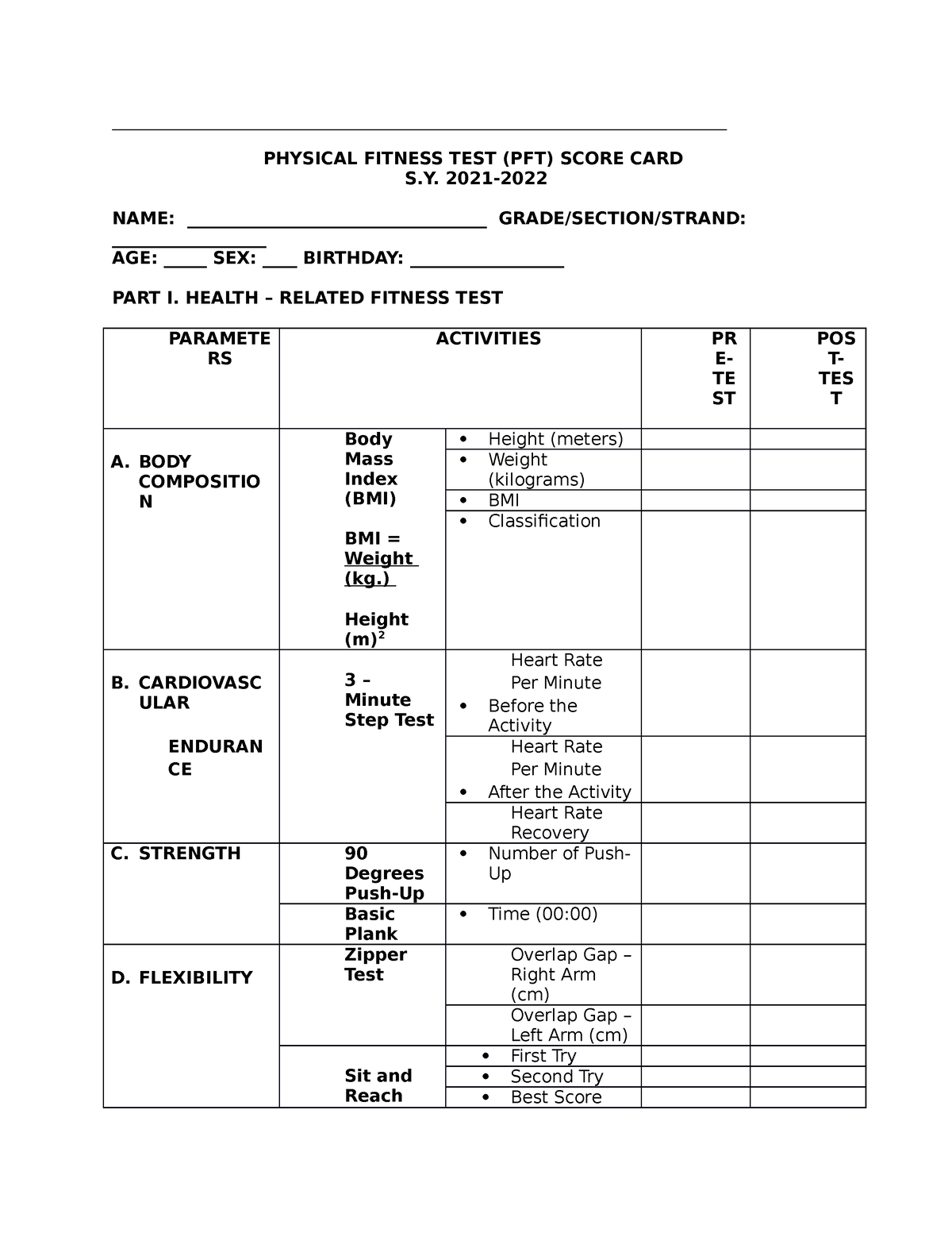 Physical Fitness Test Template Physical Education 1 PHYSICAL FITNESS 