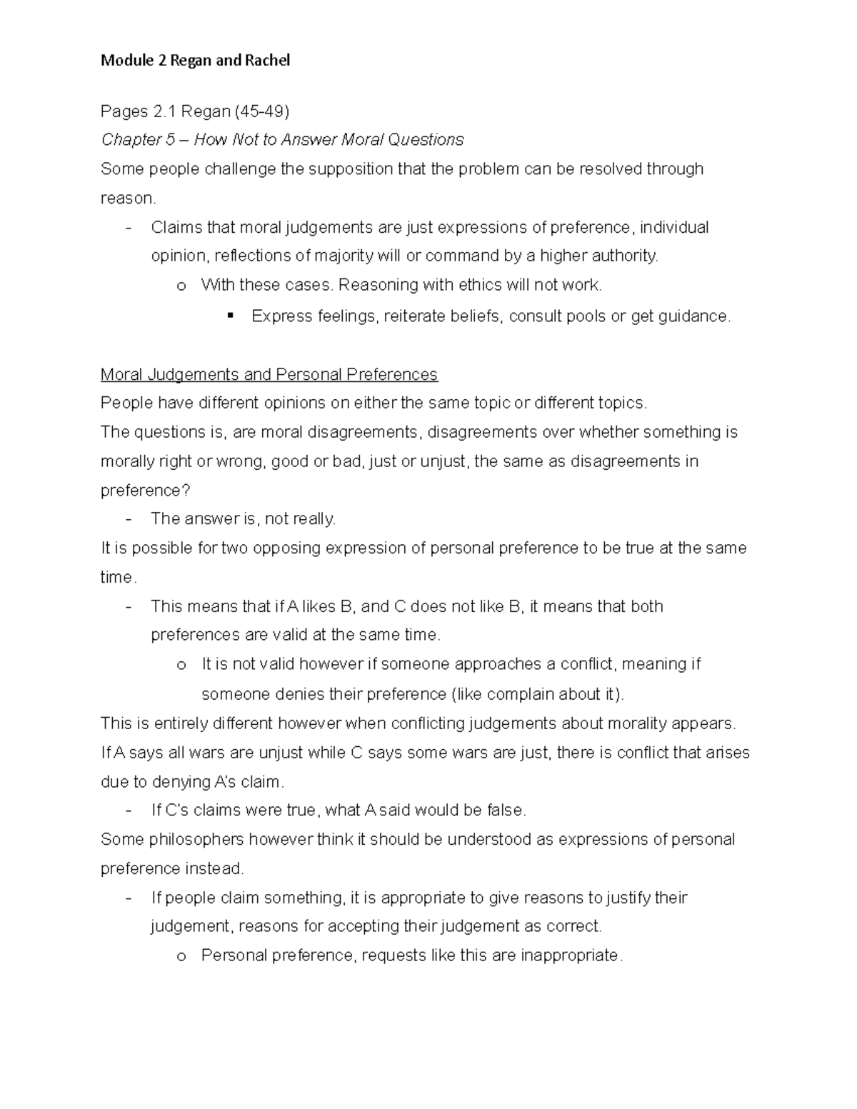 Module 2 - Pages 2 Regan (45-49) Chapter 5 – How Not to Answer Moral ...