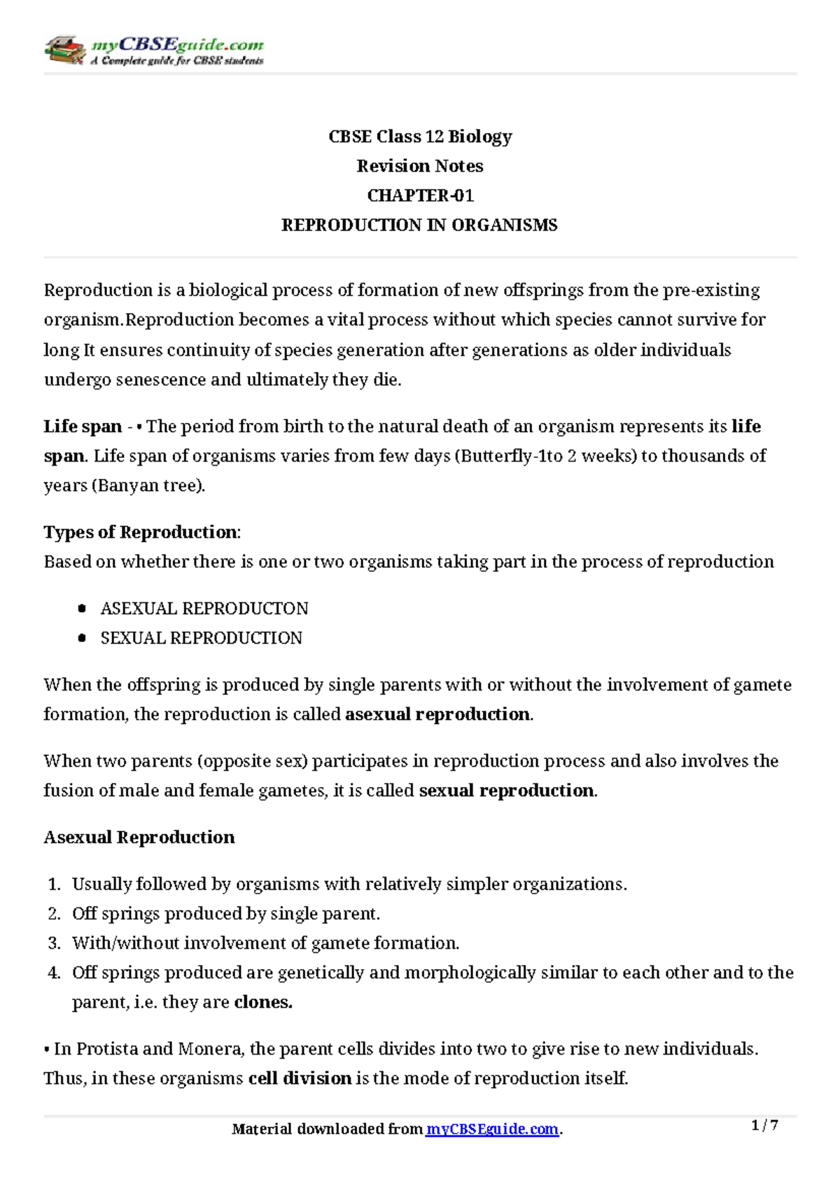 Cbse Class 12 Biology Chap 1 Reproduction In Organisms Revision