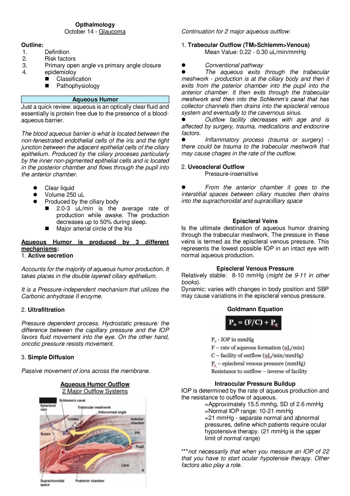 Opthalmology-Glaucoma - Opthalmology October 14 - Glaucoma Outline: 1 ...