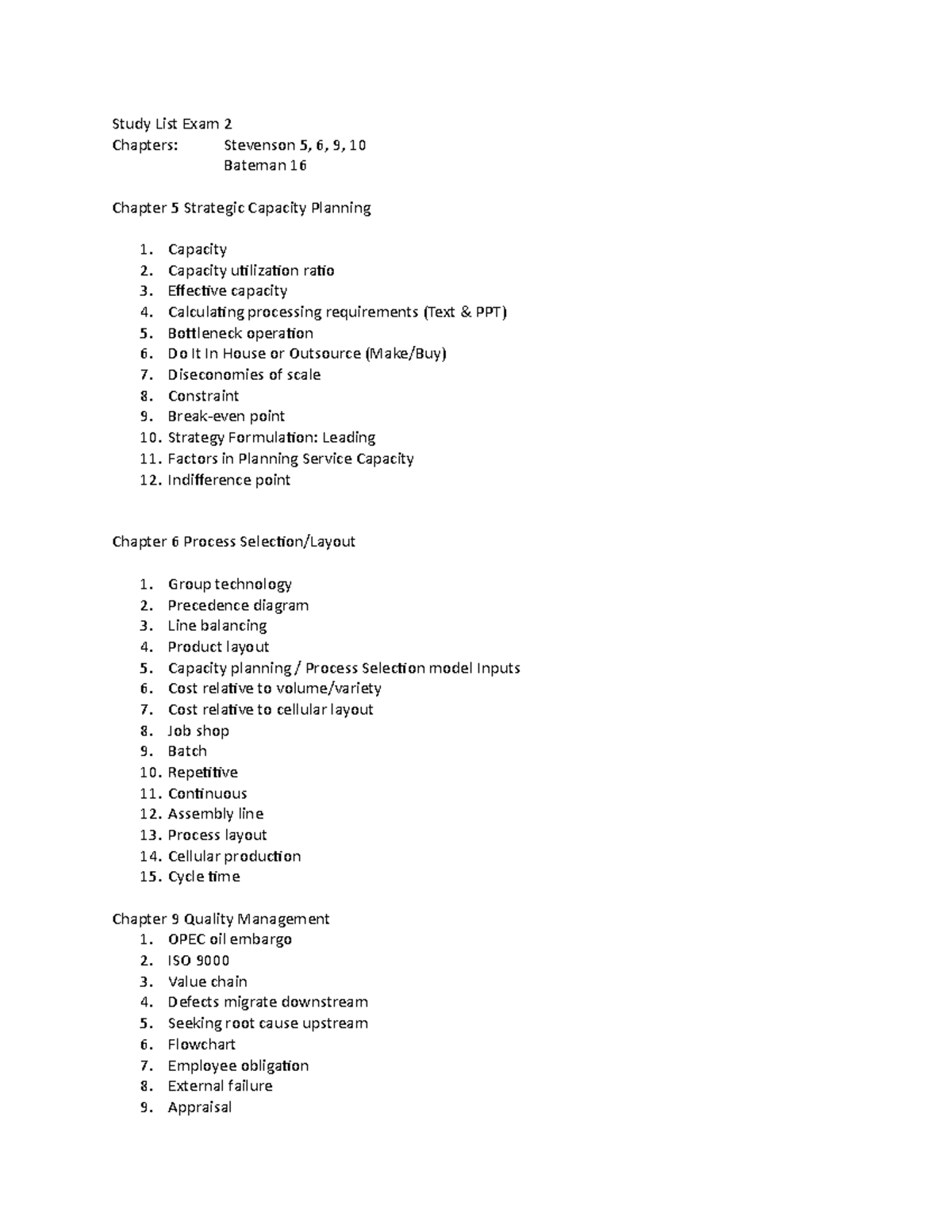 Study List Exam 2 2019 - Study List Exam 2 Chapters: Stevenson 5, 6, 9 ...