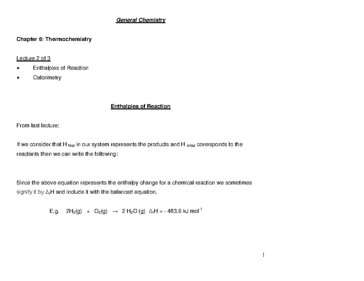 Chapter 6 Part 2 Lecture - General Chemistry Chapter 6: Thermochemistry ...