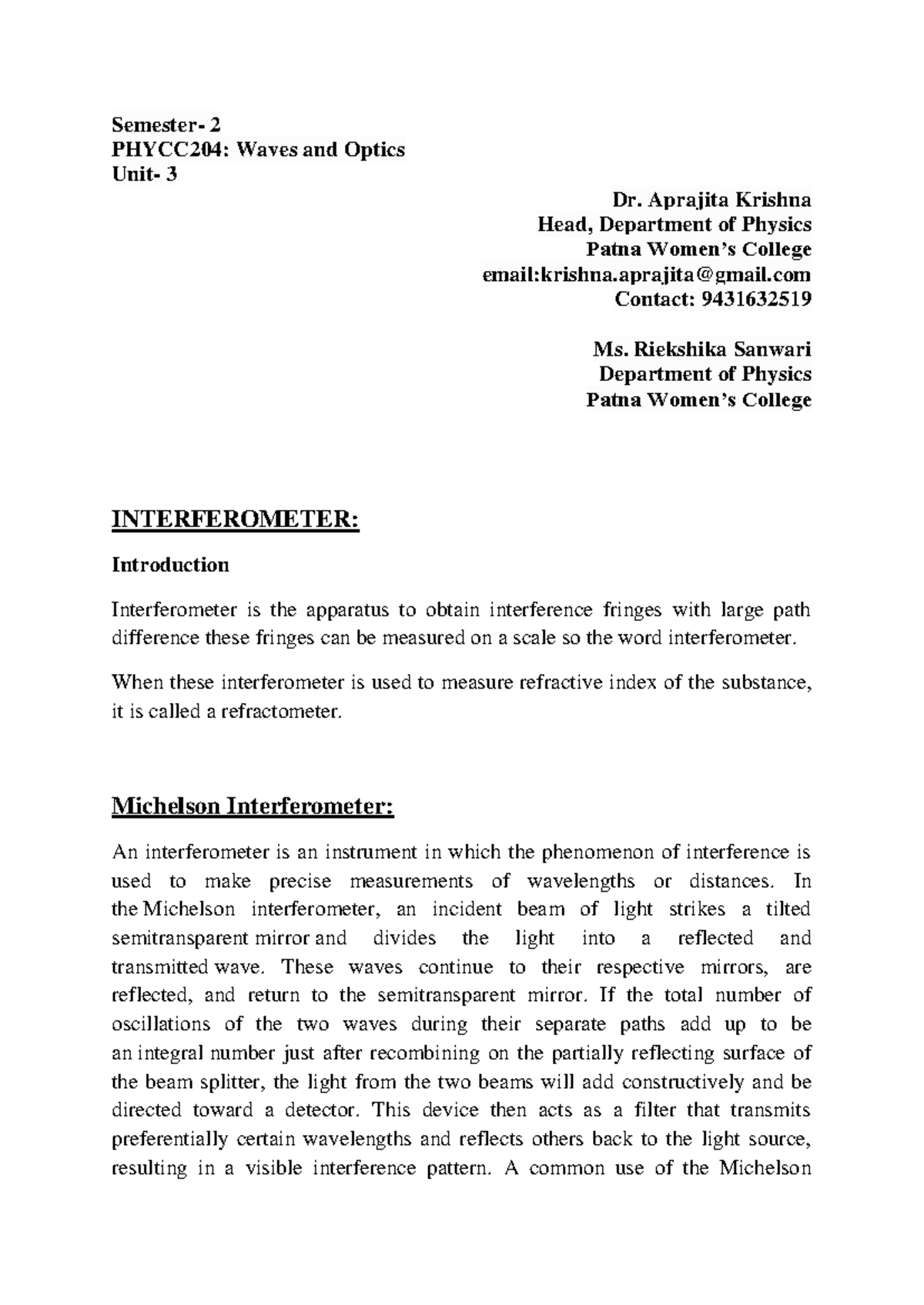Michelson's Interferometer - Semester- 2 PHYCC204: Waves and Optics ...