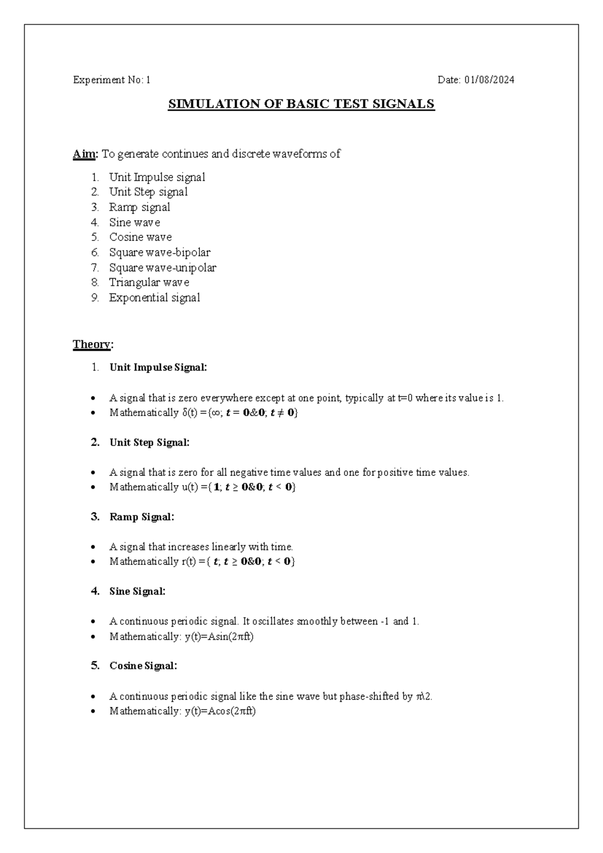 DSP LAB - Thosoedb ds - Experiment No: 1 Date: 01/08/ SIMULATION OF ...