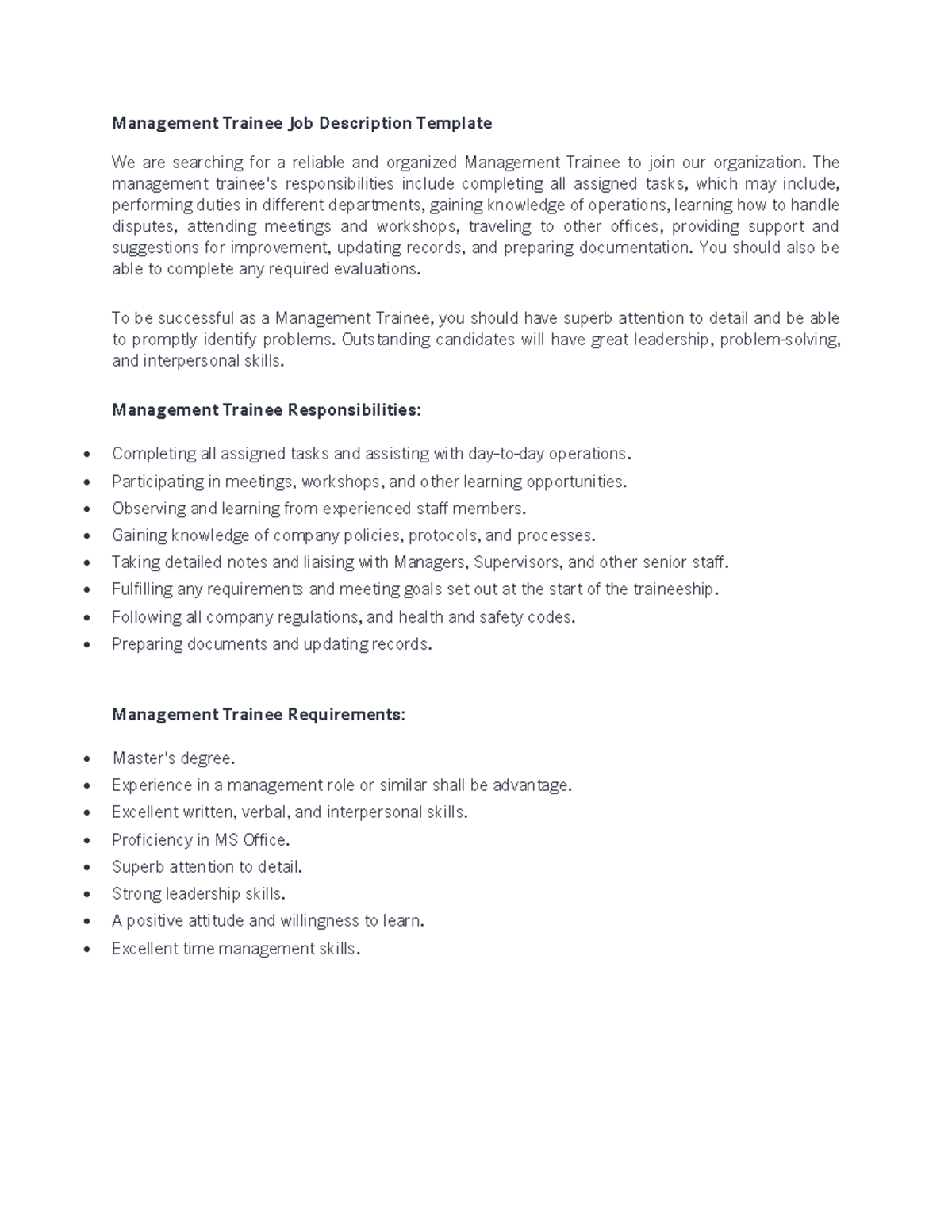 Management Trainee Job Description Template – QHUER