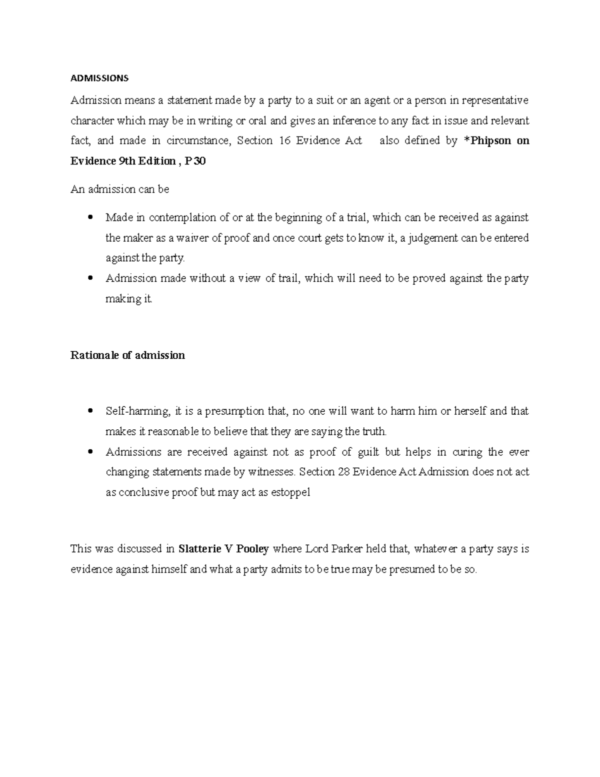 Admissions ADMISSIONS Admission means a statement made by a party to