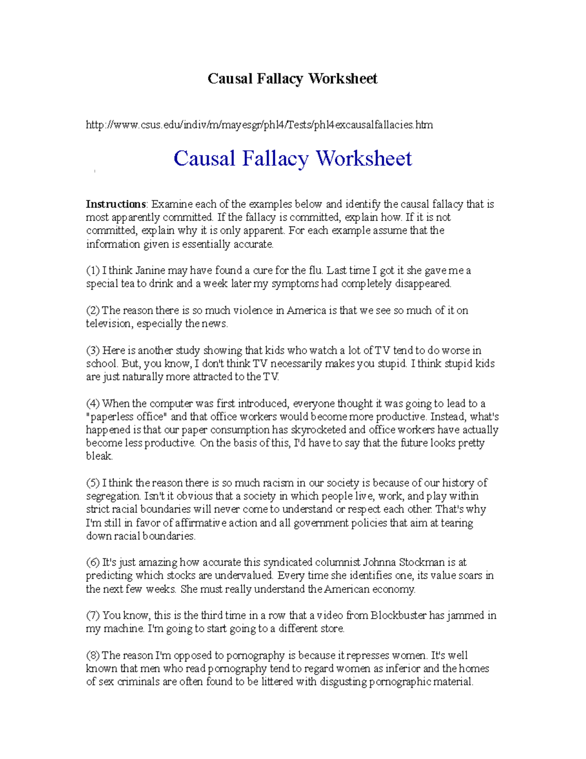 Exercises on Causal Reasoning - Causal Fallacy Worksheet - Studocu